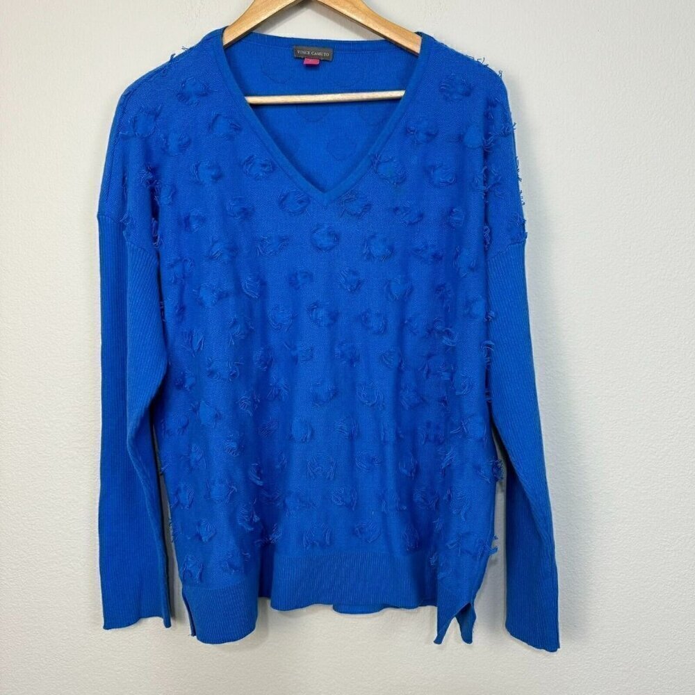 Vince Camuto Women's Fringe Dot V Neck Pullover Sweater Long Sleeve Blue Size XL